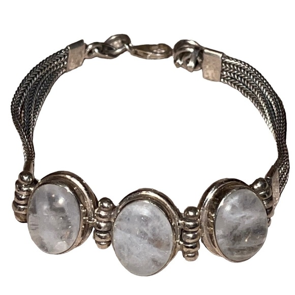 925 Sterling Silver Bracelets With Three Large Oval Shape Moonstone Cabochons - Picture 1 of 7